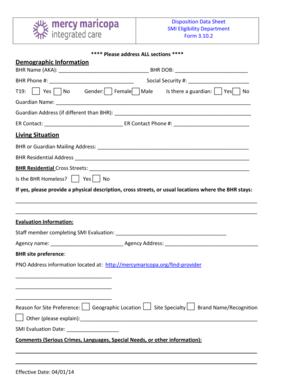 SMI Eligibility Disposition Data Sheet