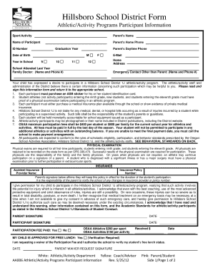 Hillsboro School District Athletic Activity Participation Form