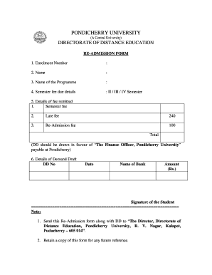 Pondicherry University Re-Admission Form