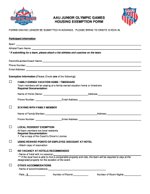 AAU Junior Olympic Games Housing Exemption Form