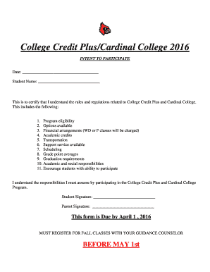 College Credit Plus Intent to Participate Form