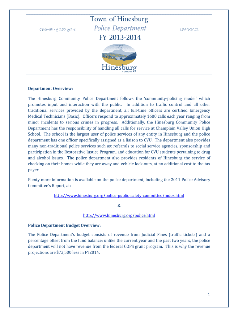 Fillable Online The Hinesburg Community Police Department follows the
