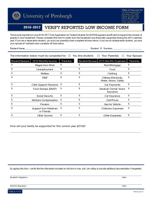 2016–2017 Verify Reported Low Income Form
