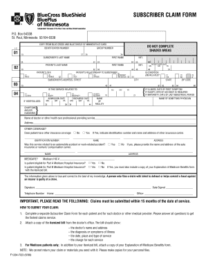 Blue Cross and Blue Shield Subscriber Claim Form