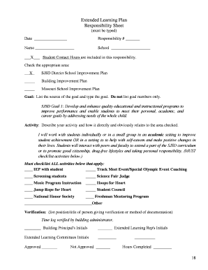 Extended Learning Plan Responsibility Sheet
