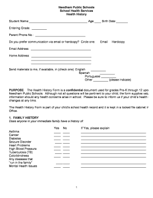 School Health History Form