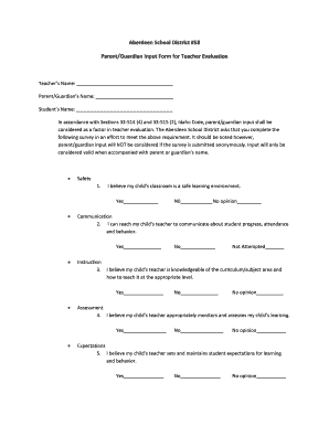 Parent Guardian Input Form for Teacher Evaluation