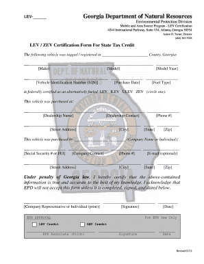 LEV ZEV Certification Form For State Tax Credit