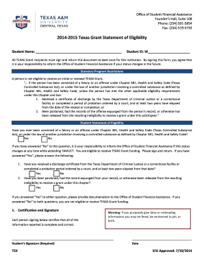 2014-2015 Texas Grant Statement of Eligibility