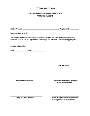 Letter of Acceptance for Nursing Summer Practice