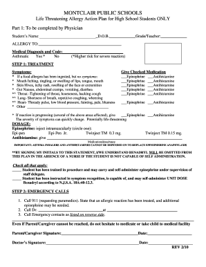 Life Threatening Allergy Action Plan for High School Students