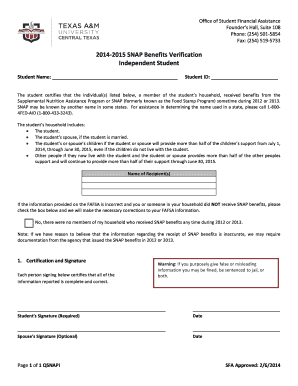 2014-2015 SNAP Benefits Verification Form