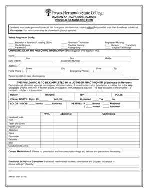 Physical Examination Form for Healthcare Students