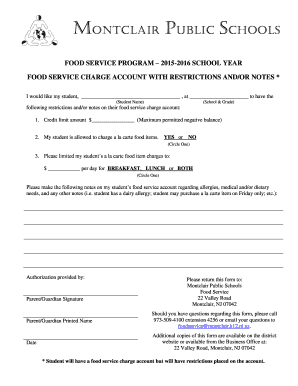 Montclair Public Schools Food Service Charge Account Form