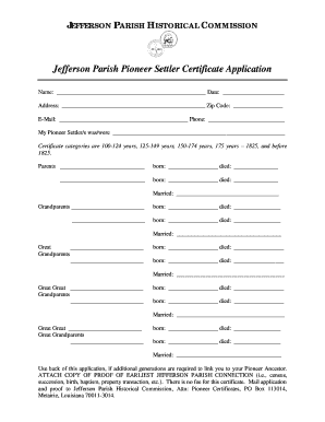 Jefferson Parish Pioneer Settler Certificate Application