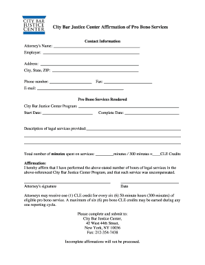 City Bar Justice Center Pro Bono Services Affirmation