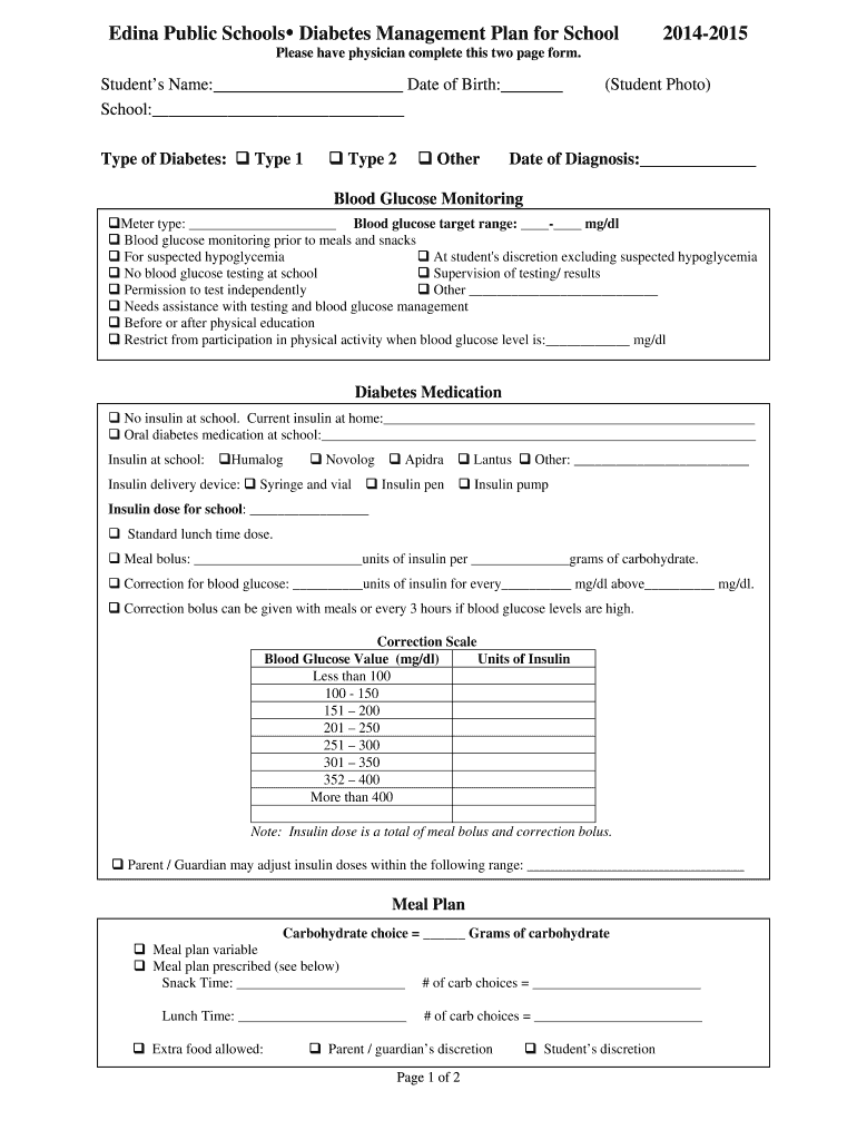 Fillable Online Edina Public Schools Diabetes Management Plan for