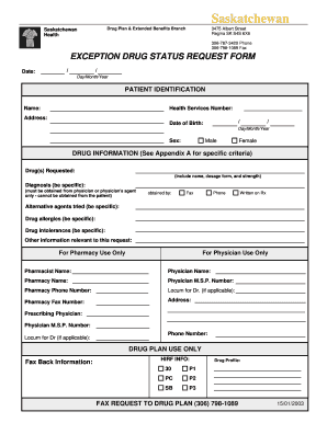 Saskatchewan Exception Drug Status Request Form