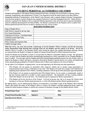 Student Personal Automobile Use Form