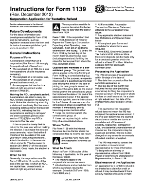 IRS Form 1139 Corporation Application for Tentative Refund