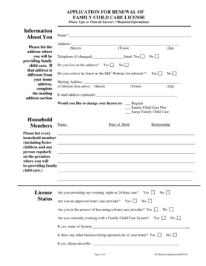 Application for Renewal of Family Child Care License
