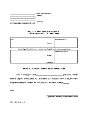 Notice of Intent to Request Redaction