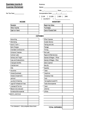 Business Income and Expense Worksheet