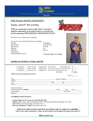 WWE Monday Night Raw Ticket Order Form
