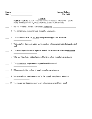 Honors Biology Cell Worksheet