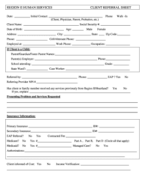 Region II Human Services Client Referral Sheet