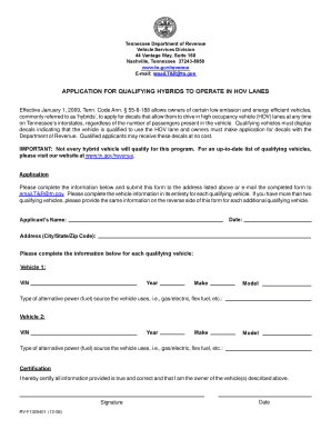 Tennessee Hybrid Vehicle HOV Lane Application