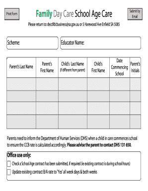 Family Day Care School Age Care Form
