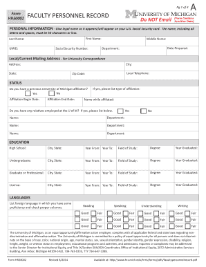Faculty Personnel Record Form HR30002