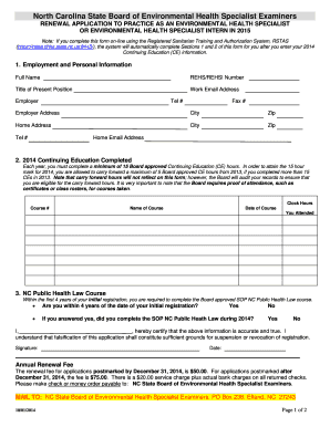 North Carolina Environmental Health Specialist Renewal Application