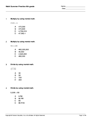 Math Summer Practice 6th Grade Worksheet