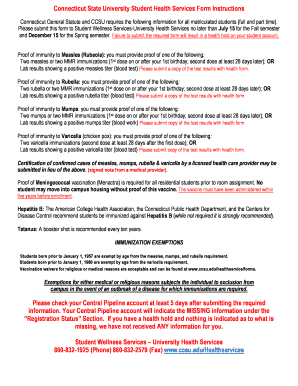 Connecticut State University Student Health Services Form