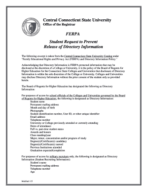 FERPA Student Request to Prevent Release of Directory Information