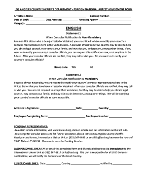 Los Angeles County Sheriff Foreign National Arrest Advisory Form