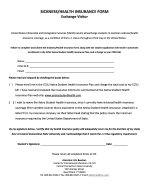 Sickness/Health Insurance Form for Exchange Visitors