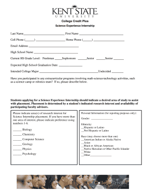College Credit Plus Science Experience Internship Application