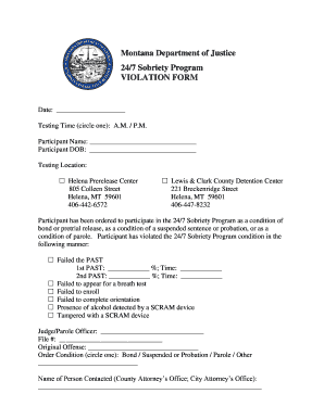 Montana 24/7 Sobriety Program Violation Form