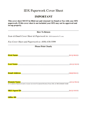 IDX Paperwork Cover Sheet