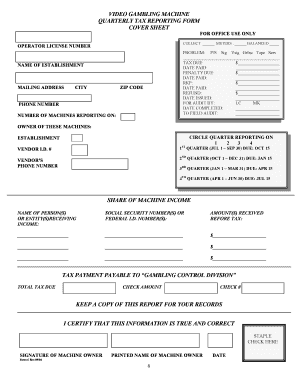 Video Gambling Machine Quarterly Tax Reporting Form