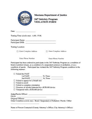 Montana 24/7 Sobriety Program Violation Form