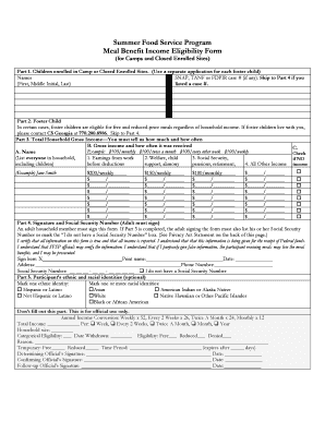 Summer Food Service Program Meal Benefit Income Eligibility Form