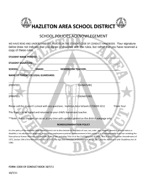Hazleton Area School District Student Code of Conduct Acknowledgement