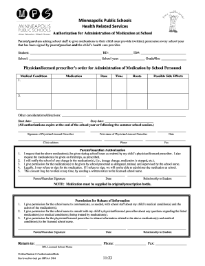 Authorization for Administration of Medication at School