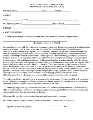 Cannon Mountain Snowsports School Registration and Liability Release Form