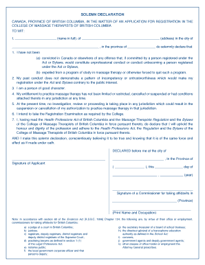 Solemn Declaration for Massage Therapist Registration