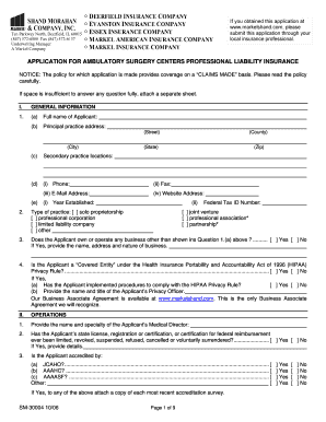 Application for Ambulatory Surgery Centers Professional Liability Insurance
